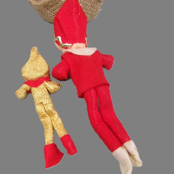2 Vintage Pixie Elf Christmas Ornaments, Poseable Sitters, Red and Gold Lame - Picture 6 of 7